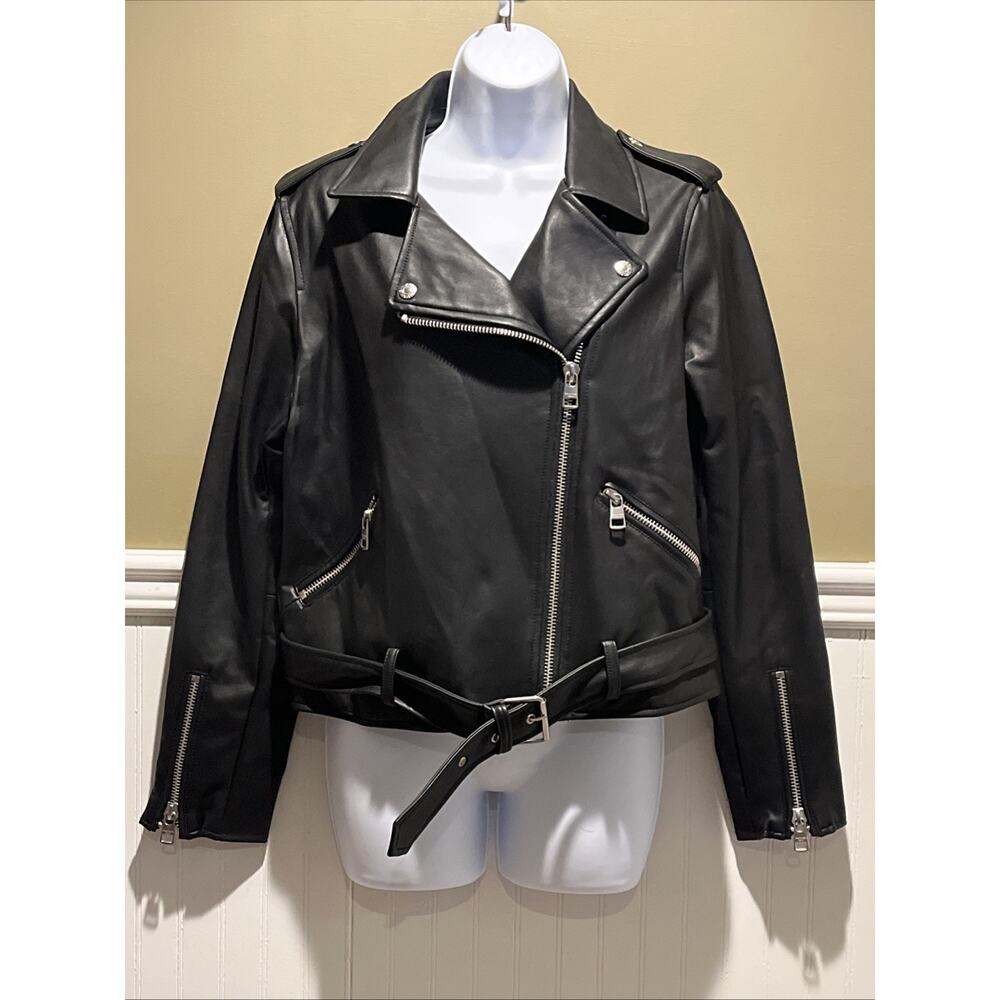 Calvin Klein Womens Faux Leather Jacket Medium Black Zip Sleeves Moto Punk Goth